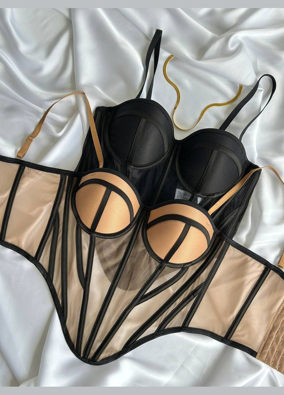 Жіночий бежевий чорний корсет із сіточкою і твердими чашками No Brand (327890511)