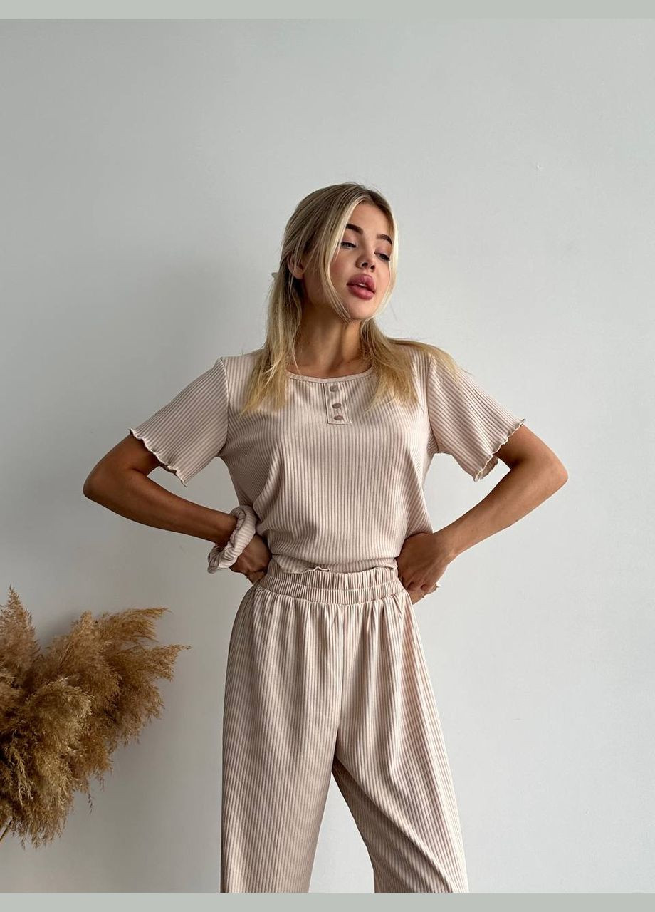 Бежева всесезон піжама трійка футболка + штани No Brand