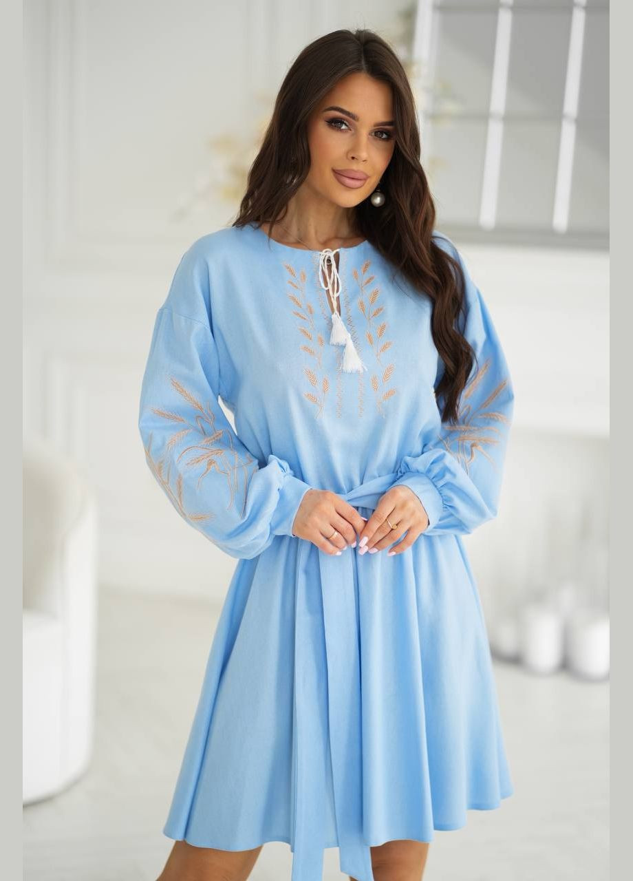 Голубое повседневный, праздничный, вечернее вышитое платье клеш Garna однотонное