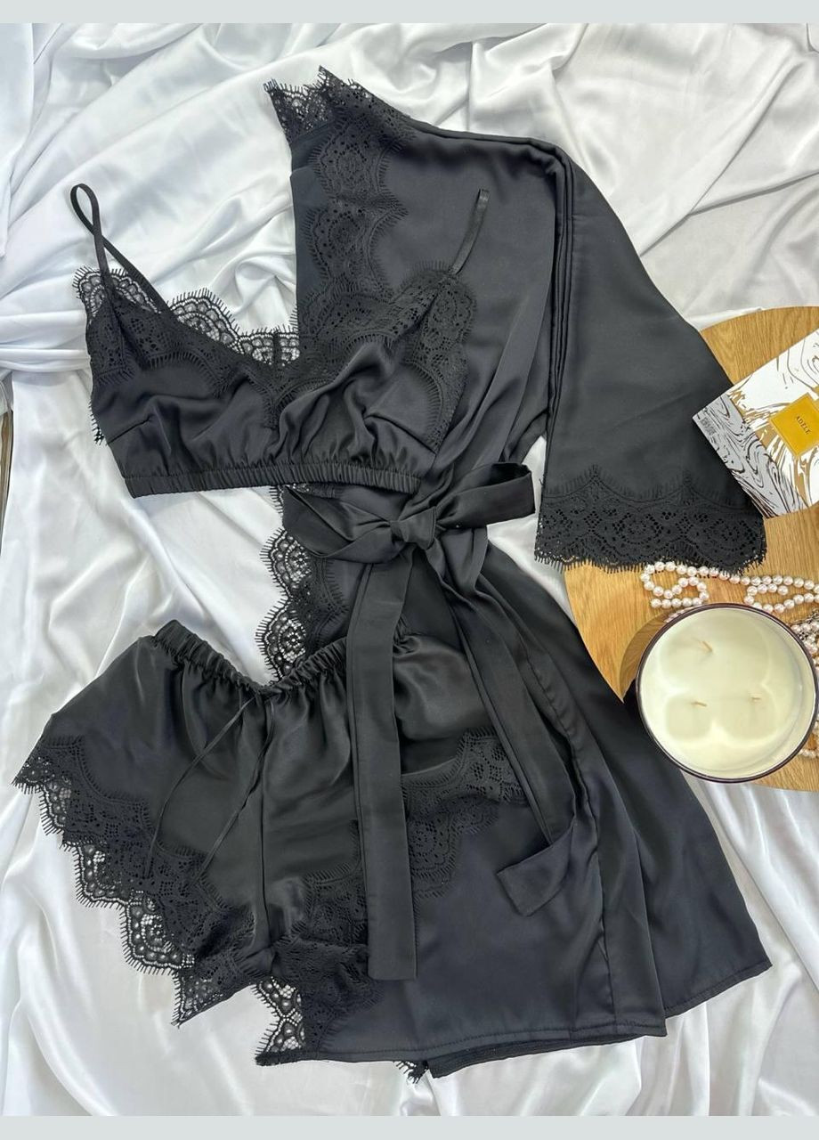 Чорна всесезон шовковий домашній комплект шортики+майка+халат шовк сінді трійка топ + шорти Ghazel