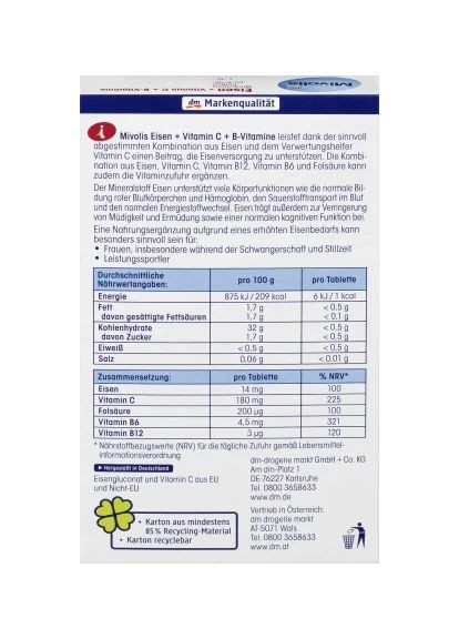 Комплекс железо + витамин С + витамин В Eisen + Vitamin C + B-Vitamine, Tabletten, 40 St., 25 g Mivolis (366569455)