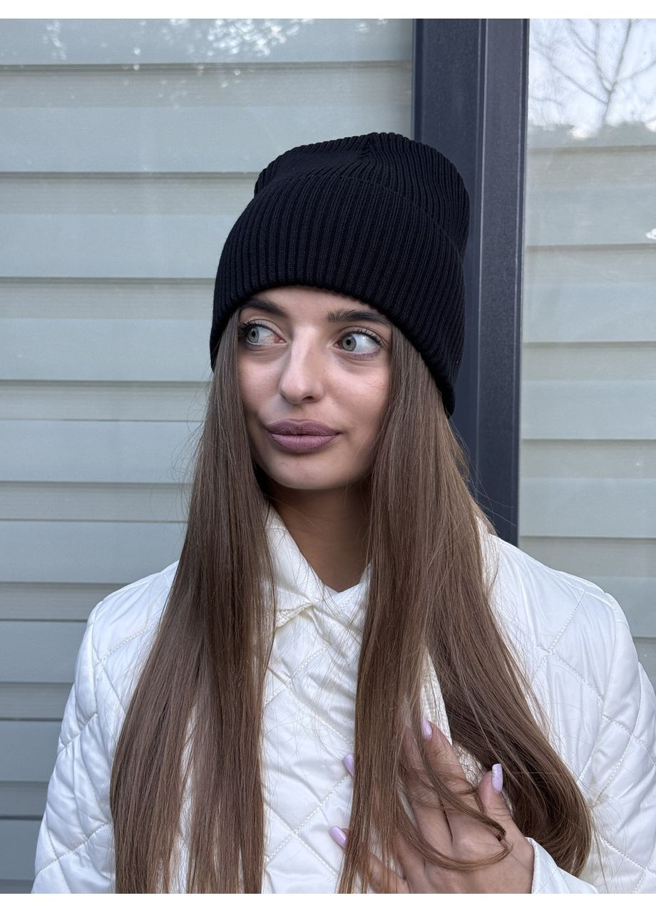 Шапка женская базовая демисезонная в черный рубчик FERO (359429722)