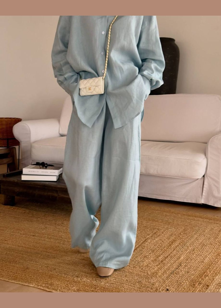 Блакитний лляний костюм двійка на літо, приємний до тіла легкий костюмчик No Brand 4538 (333656053)