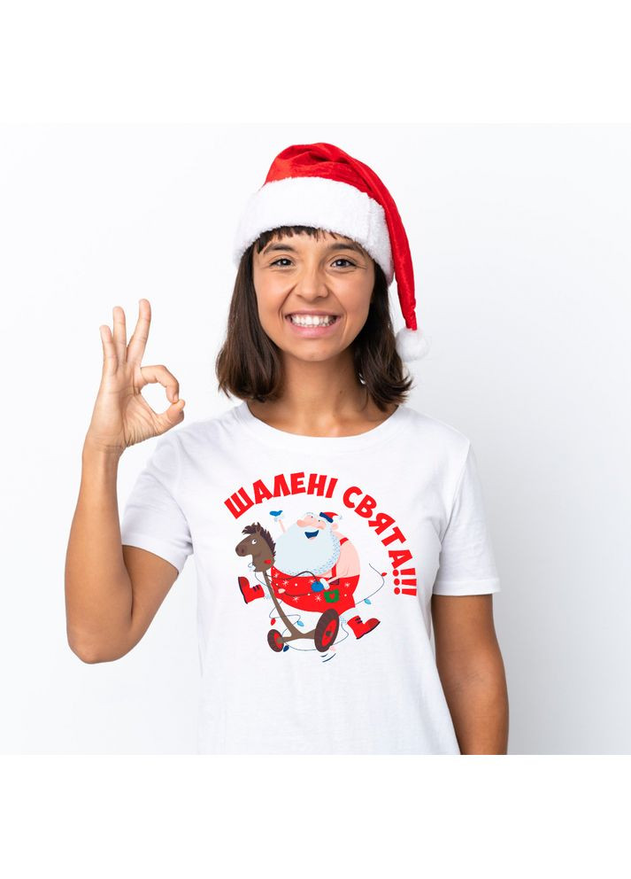 Футболка белая с оригинальным новогодним принтом «Санта на Коне. Безумные праздники» ФП013136(S) Кавун футболка - (358929529)