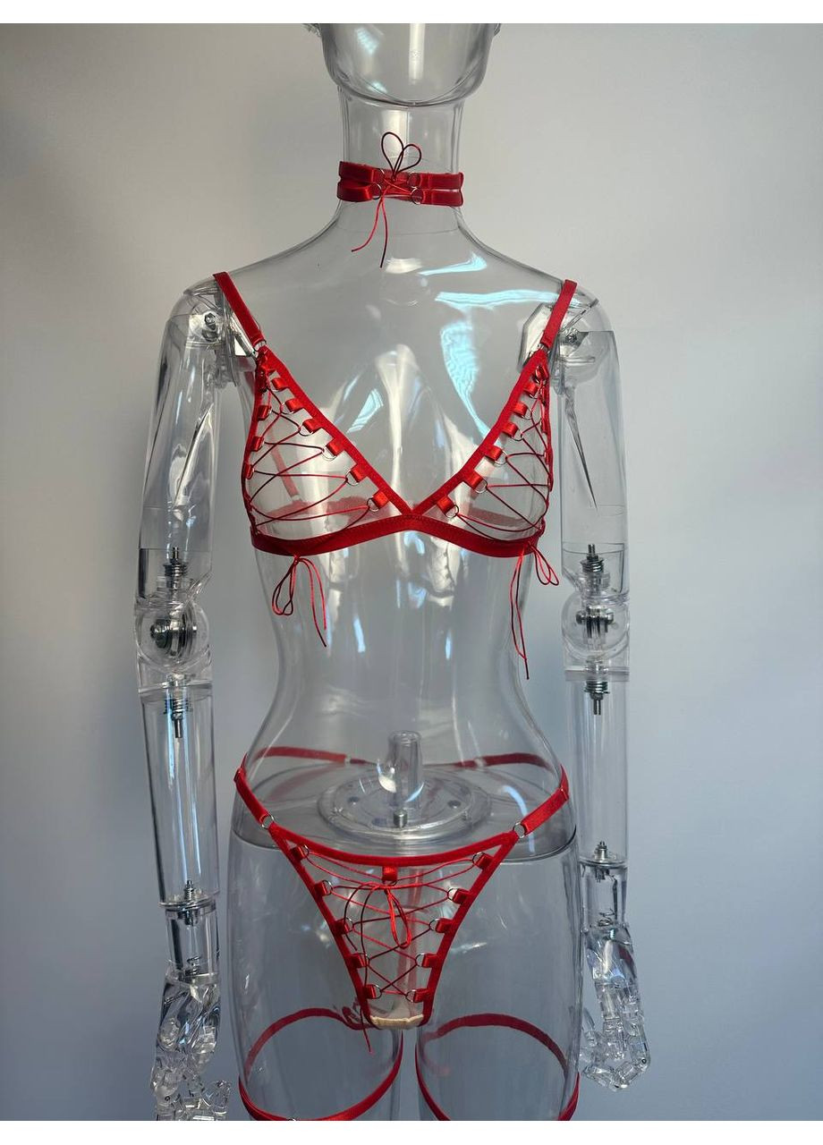 Червоний демісезонний комплект жіночої нижньої білизни poker з шнурівкою бюстгалтер трусики з гартерами та чокер червоний No Brand Покер