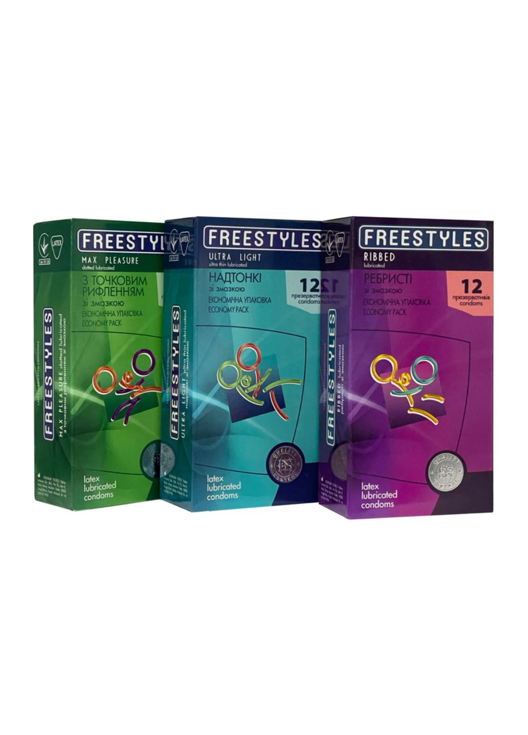 Набор презервативов Ultra Light + Ribbed + Max Pleasure 3 упаковки по 12 шт. FREESTYLES (361081978)