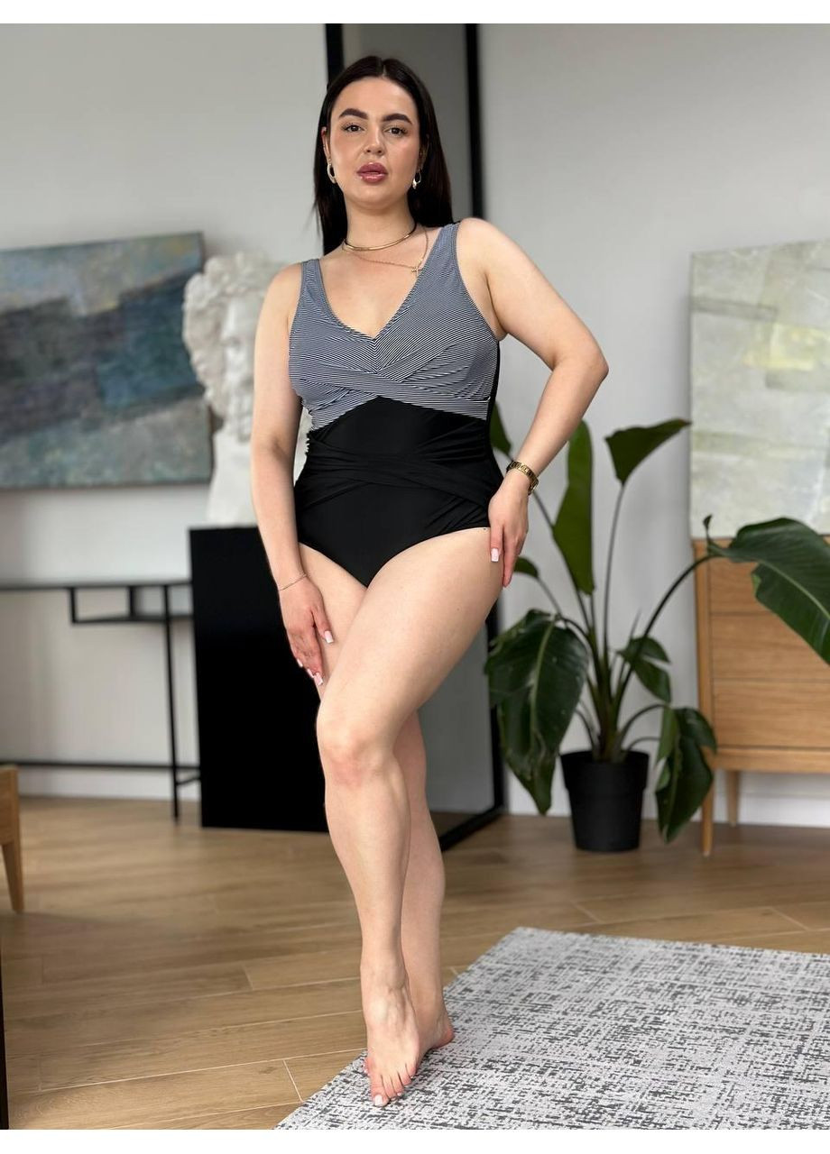 Черный летний женский сплошной купальник плюс сайз серый верх низ / женский купальник больших размеров с перекрестком на талии No Brand