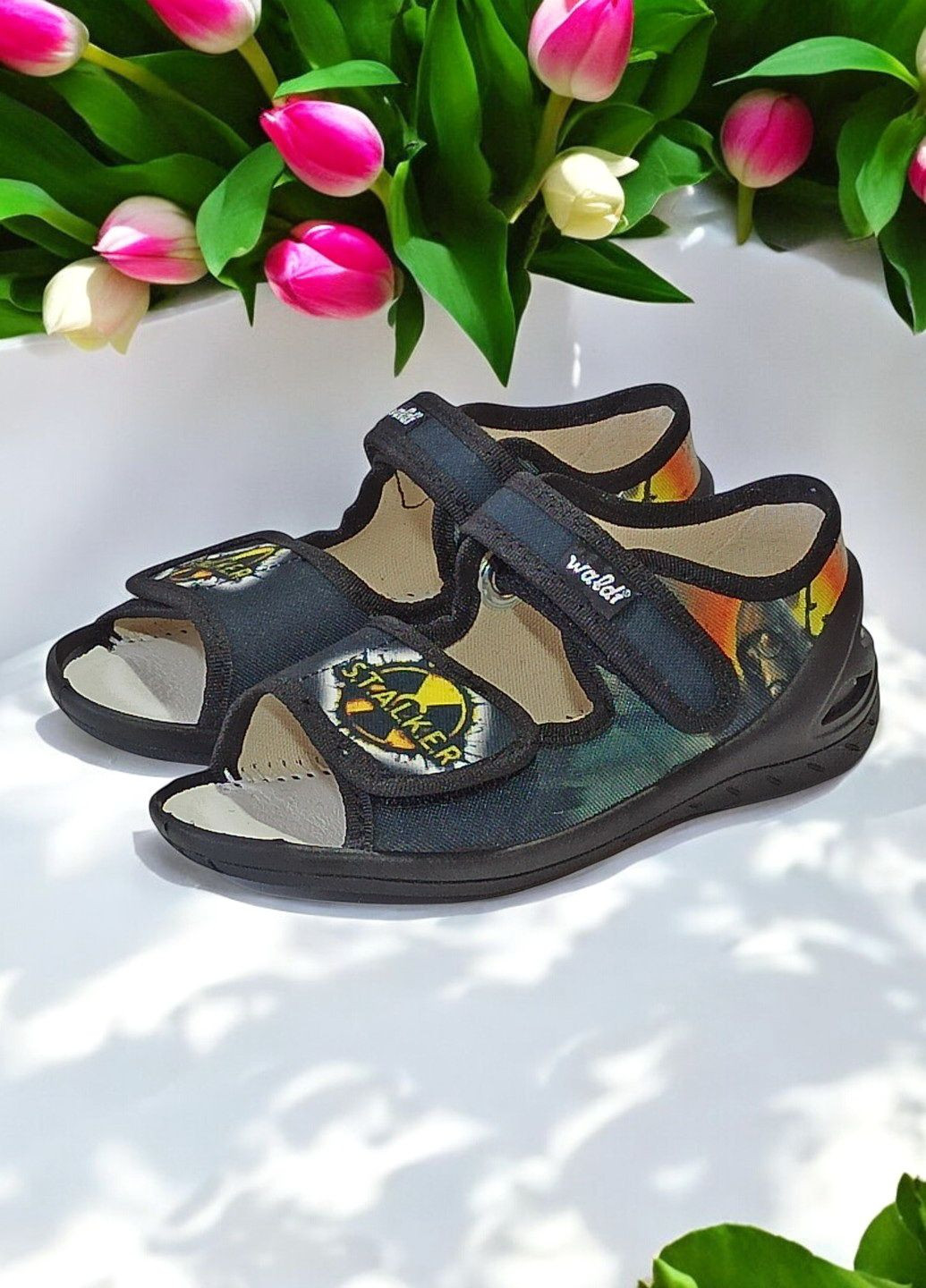 Черные детские открытые тапочки для мальчика ортопедические текстильные бососножки Waldi