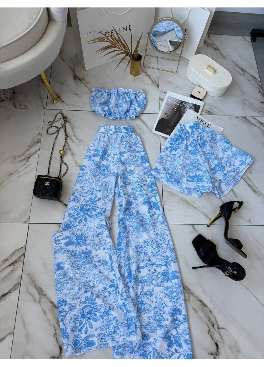 Голубая всесезон женская пижама топ + шорты + брюки No Brand