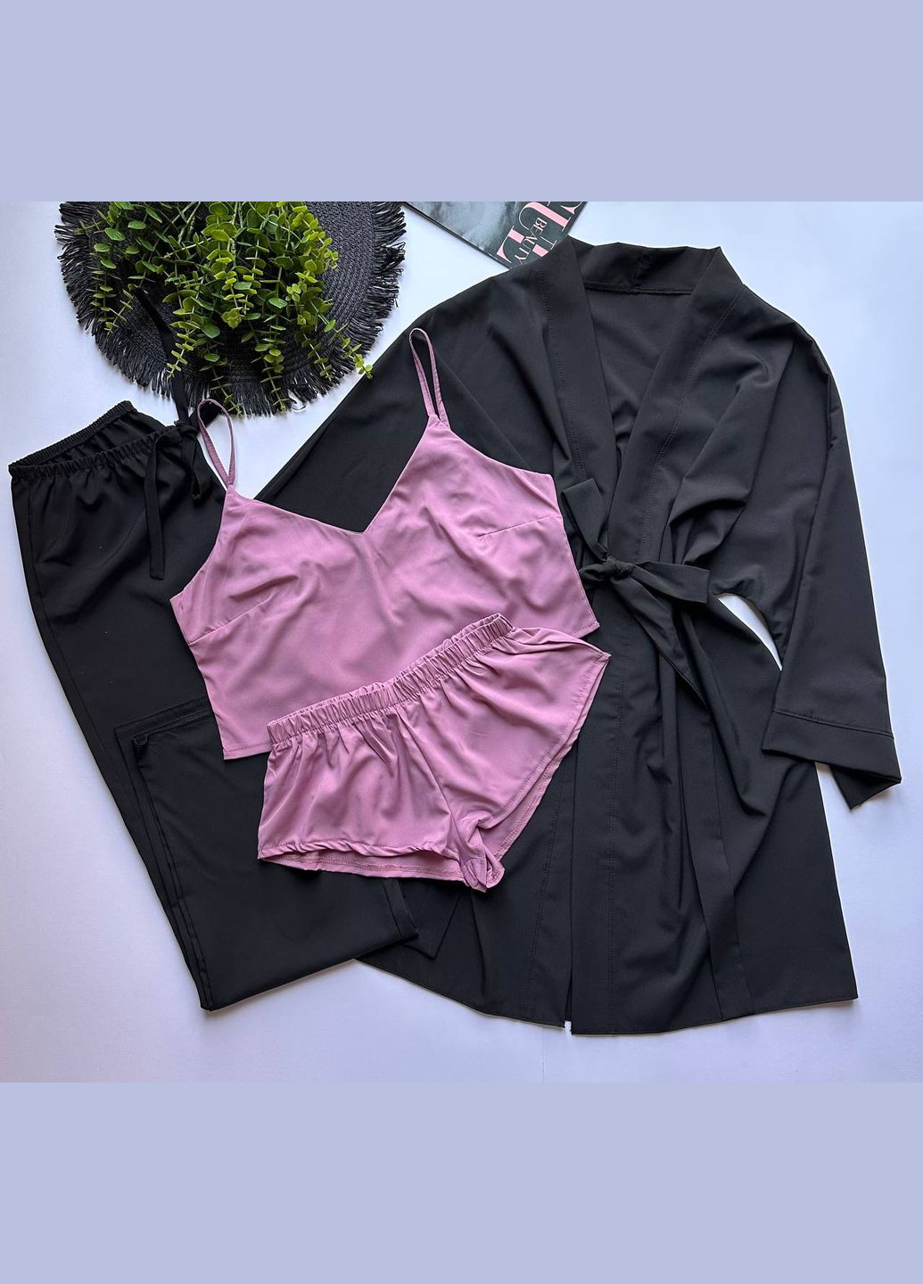 Лиловый демисезонный пижамный комплект с халатом, топ-шорты-штаны Exclusive