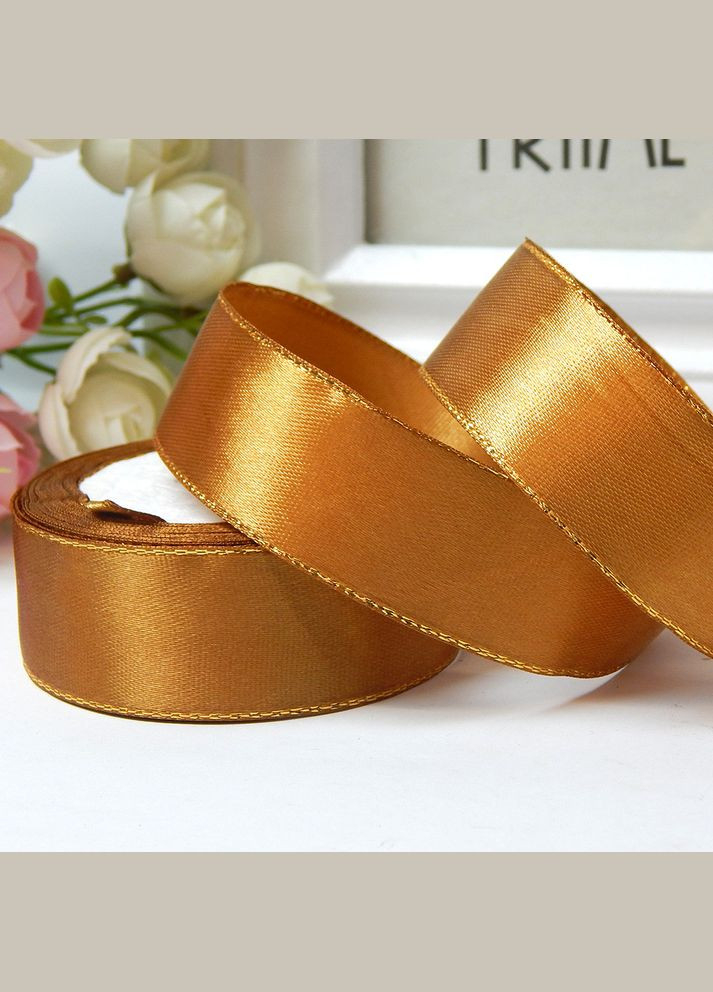 Стрічка атласна з золотим люрексом, 2,5 см, коричнева No Brand (340483808)
