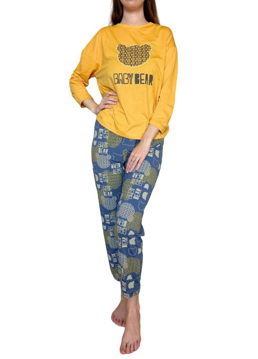 Желтая всесезон пижама женская (лонгслив, брюки) лонгслив + брюки Saimeiqi