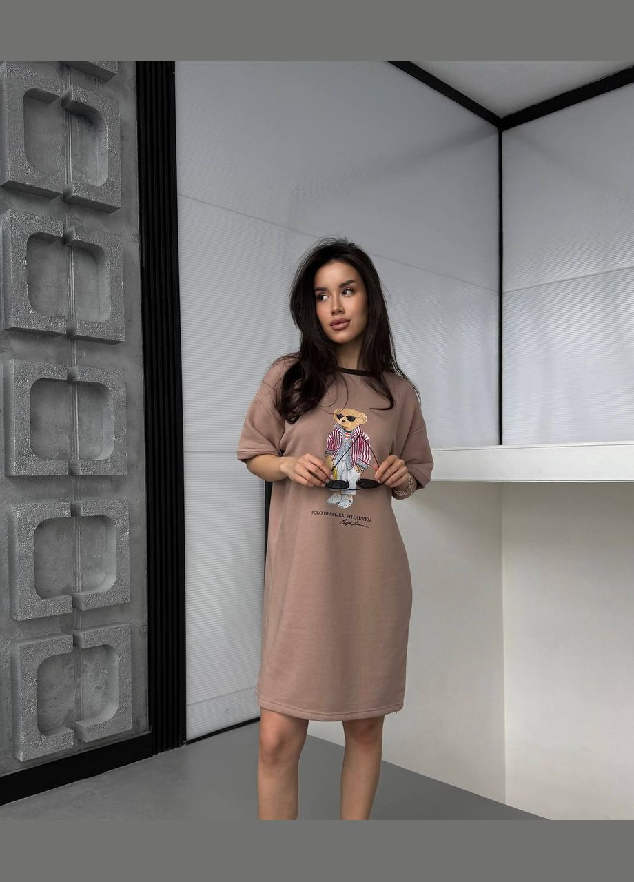 Бежевое спортивное, повседневный, кэжуал, вечернее женское платье-футболка платье-футболка No Brand с рисунком