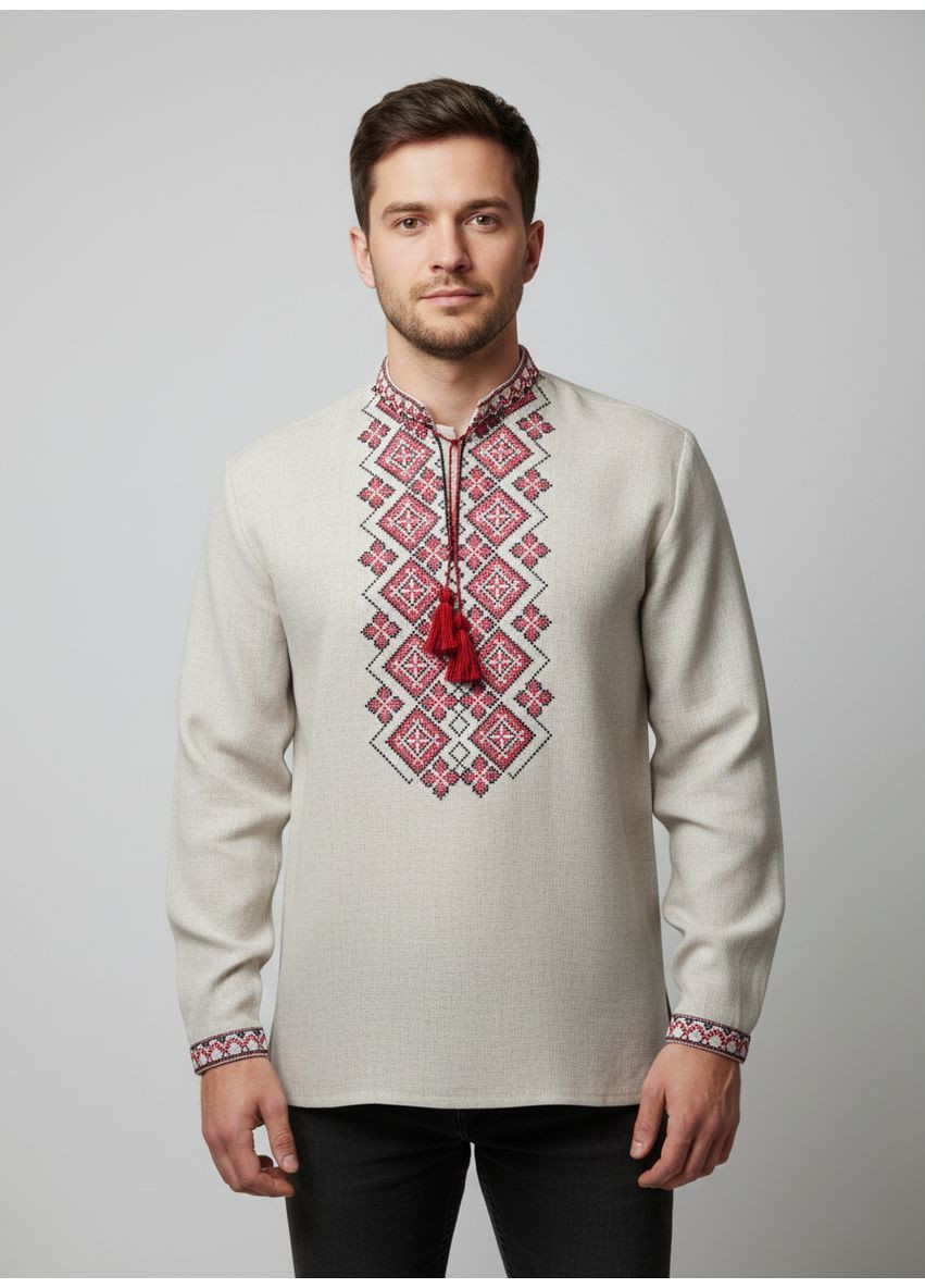 Бежевая мужская льняная вышиванка праздничная красная НоКо узор орнамент прямой, свободная лен (370269938)