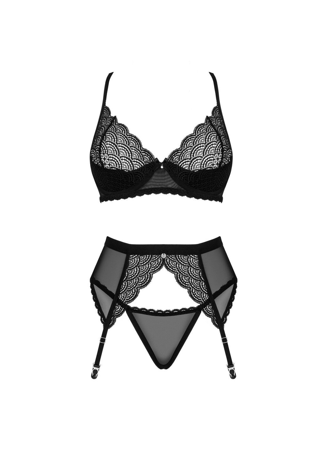 Черный демисезонный комплект chemeris 3-pcs set, стринги, пояс для чулок, бюстгальтер - cherrylove Obsessive