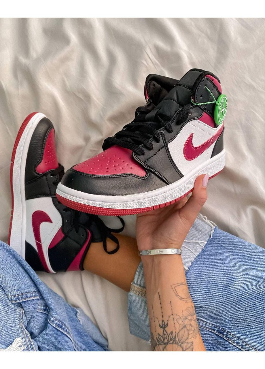 КРОССОВКИ ЖЕНСКИЕ NIKE AIR JORDAN 1 RETRO MID MAROON BLACK НАЙК АИР ДЖОРДАН No Brand чёрные демисезоны (369389735)