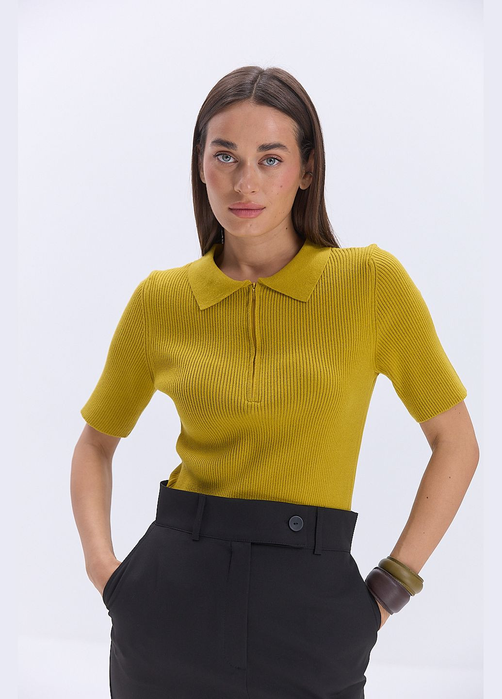 Женская вязаная футболка поло с молнией Arjen - (329405385)