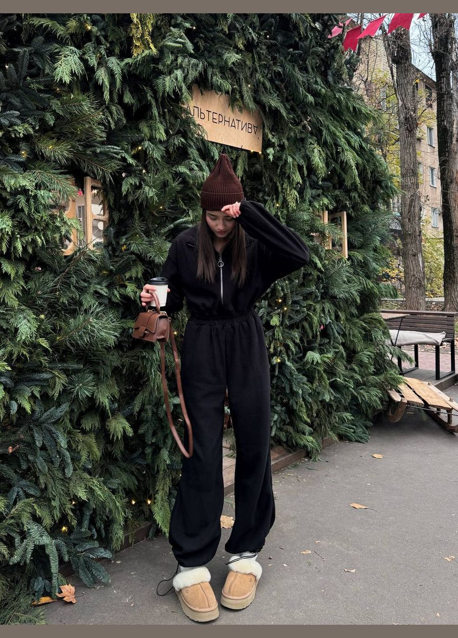 Зимовий чорний комбінезон на флісі з гумкою на талії – дуже зручний вибір для стильних та теплих зимових образів No Brand 208-1 однотонний чорний