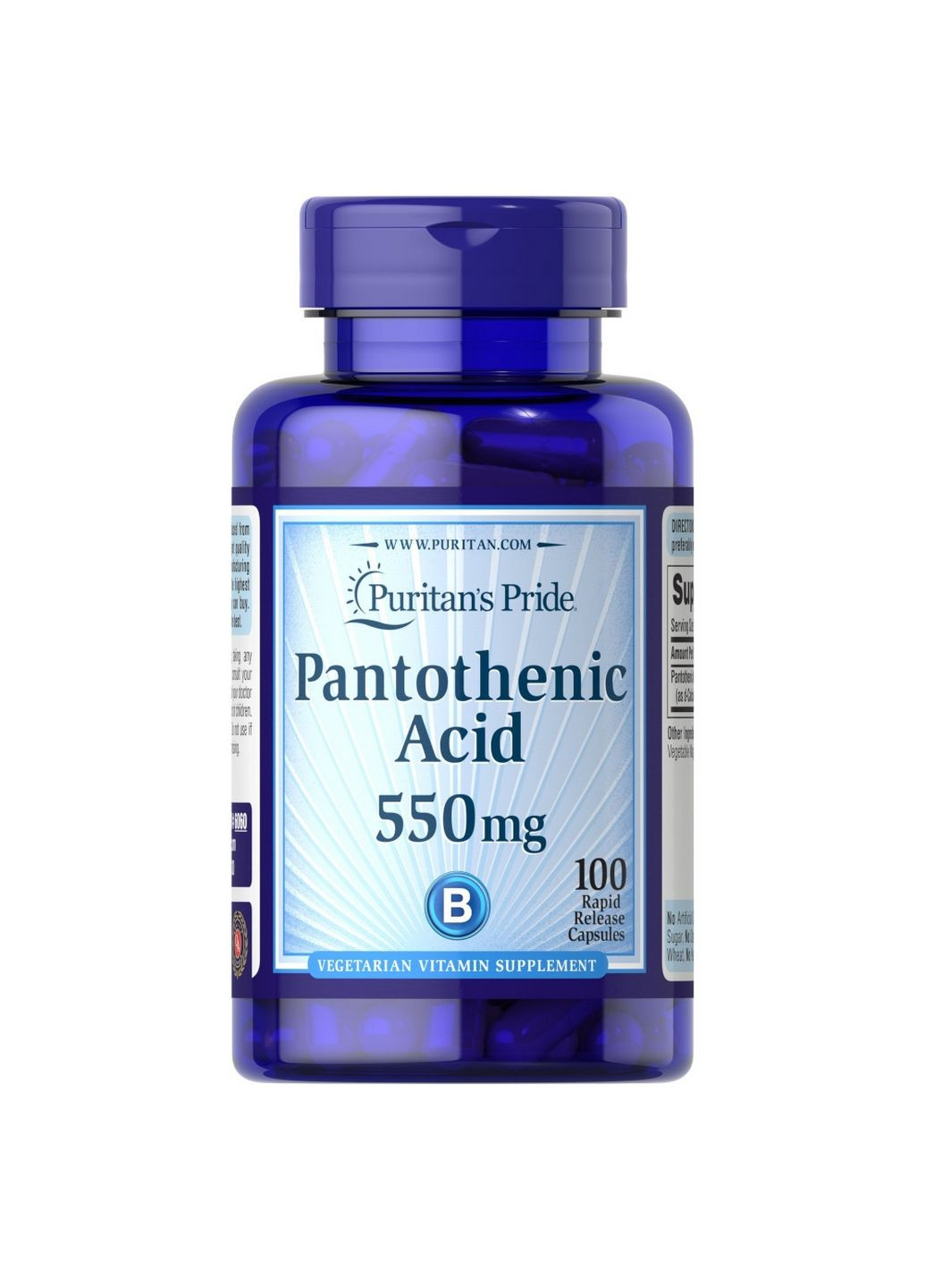 Витамины и минералы Pantothenic Acid 550 mg, 100 капсул Puritans Pride (293419448)