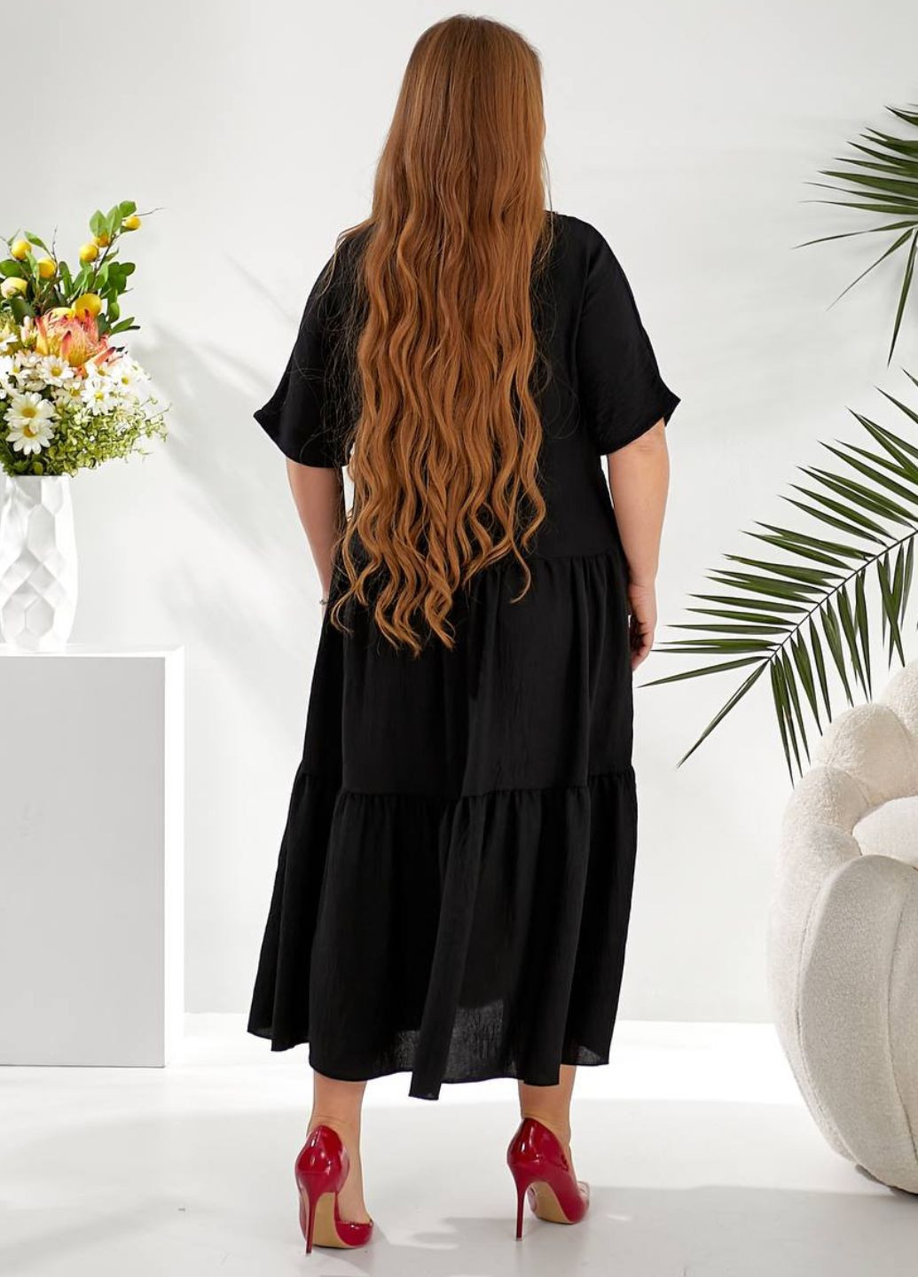 Черное повседневный женское льняное платье с рукавами цельнокроенными и юбкой полусолнце. с юбкой-солнце Tik-Tak однотонное