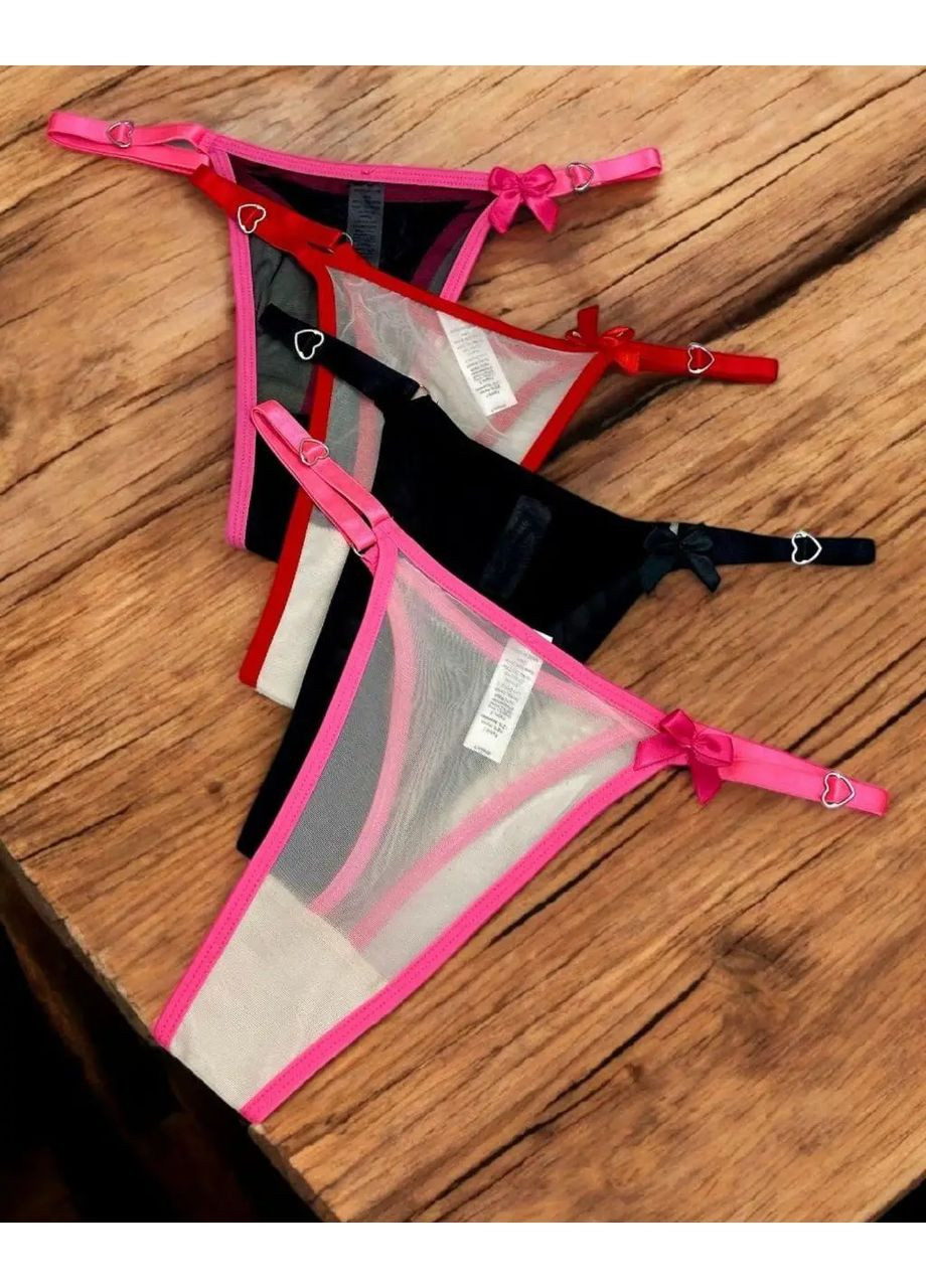 Гарні V-подібні трусики Bowmash, Сітчасті трусики стрінги з контрасним контуром на регуляторах No Brand трусики Bowmash чорний з рожевим (360428725)