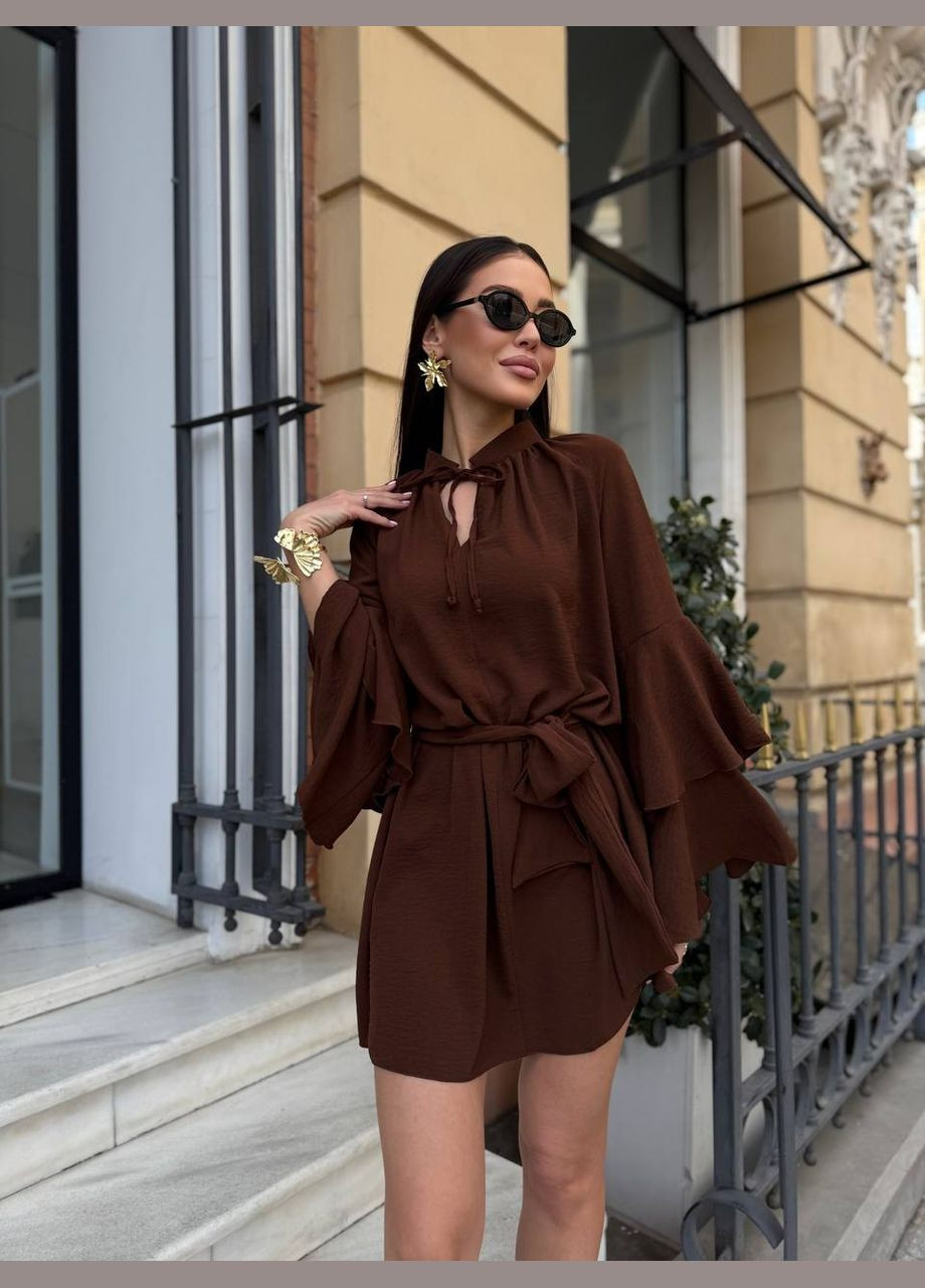 Темно-коричнева кежуал сукня міні вільного крою з воланами на рукавах MonCher
