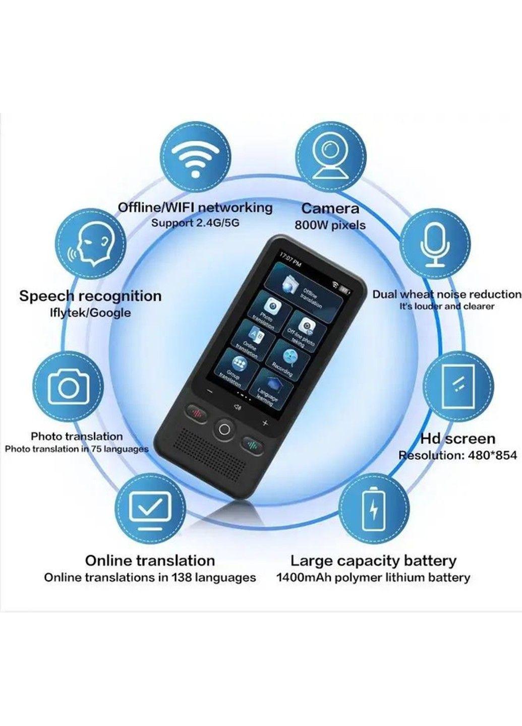 Голосовий перекладач AI Translator T18 Wi-Fi Bluetooth (138 мов) 1400 мАг No Brand (332636415)