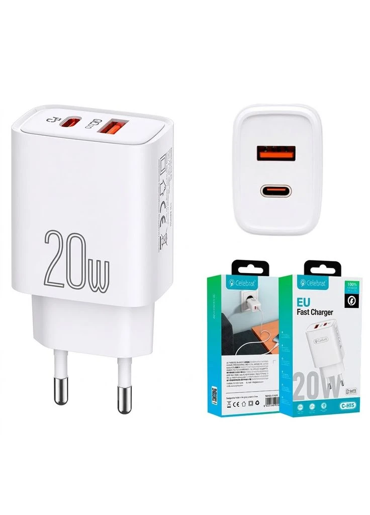 Зарядний пристрій C-H15 Fast Charger USB+Type-C 20W White (3_08318) Celebrat (395882143)
