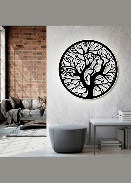 Панно 3D декоративное с объемом 15 мм для стен, Дерево в круге черное Декоинт (278287799)