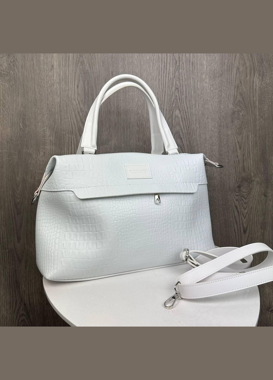 Большая сумка саквояж рептилия тиснение на плечо из экокожи белая (sku_1420Б) No Brand (330576195)