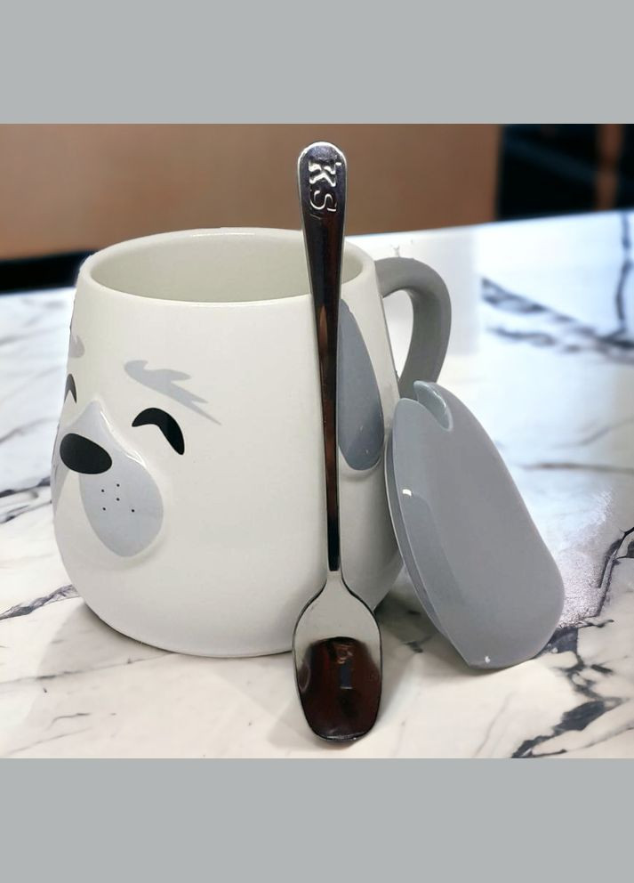 Чашка керамическая с крышкой и ложкой "Хеппи-дог", 400мл (Кружка для чая) Серый Megusta (293083576)
