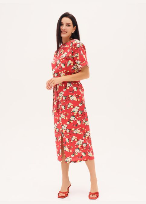 Малинова бавовняна сукня з короткими рукавами No Brand з квітковим принтом