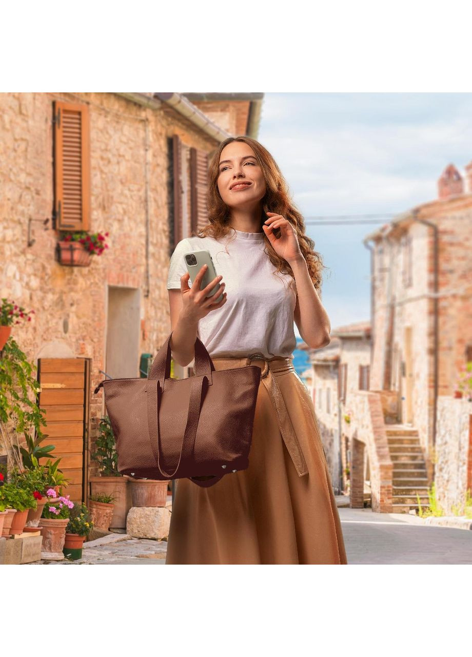 Шопер Коричневий - Італійська жіноча м’яка сумка-шопер із натуральної шкіри з двома парами ручок на блискавці з підкладкою TAKEASY (358223260)