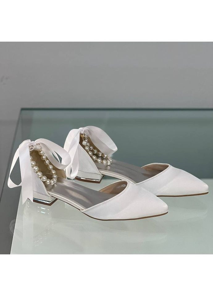 Жіночі жіночі балетки весільні атласні з брошкою перли квітка (знімається) - б-0002-7 | білі однотонні брошка текстиль (356117136)