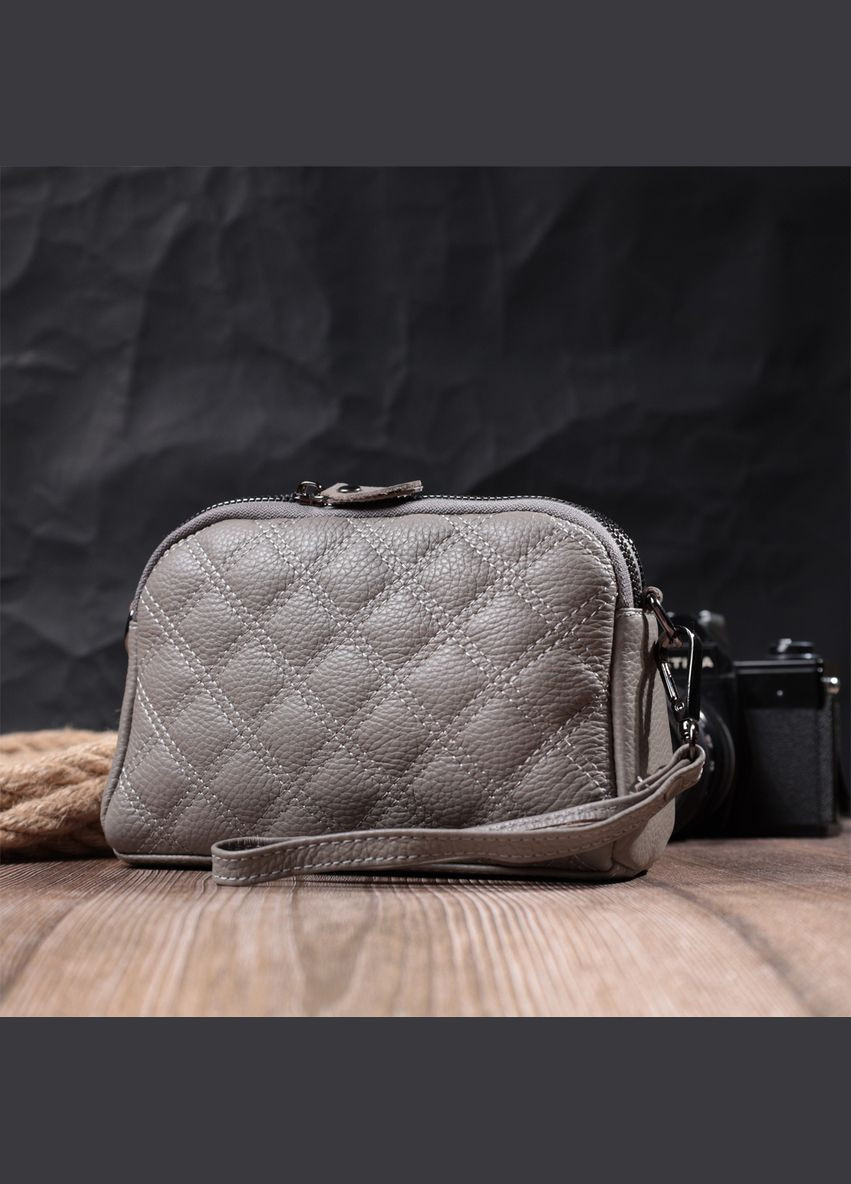 Зручна сумка жіноча прошита ромбами на лицьовій стороні з натуральної шкіри сірий 19,5х12,5х7 см 22810 Vintage (329197968)