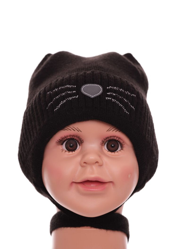 В'язка шапка для хлопчика на флісі з вусиками чорна 3м+ (51067) BABYKROHA (323469730)