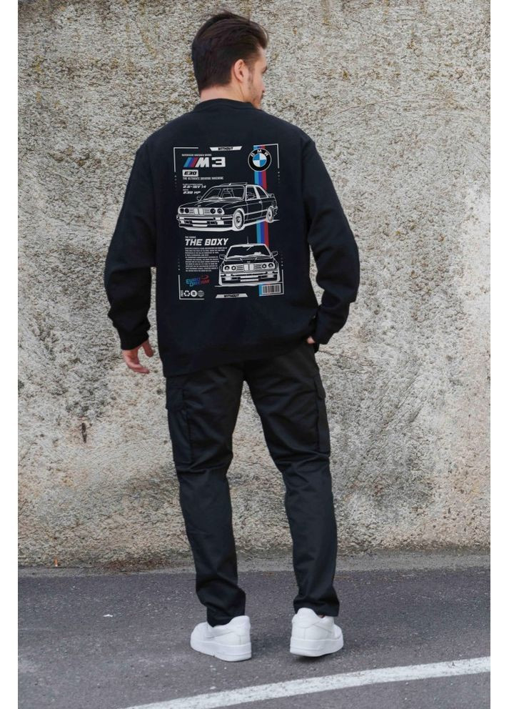 Черный утепленный оверсайз свитшот на флисе с принтом bmw black Without (362357827)