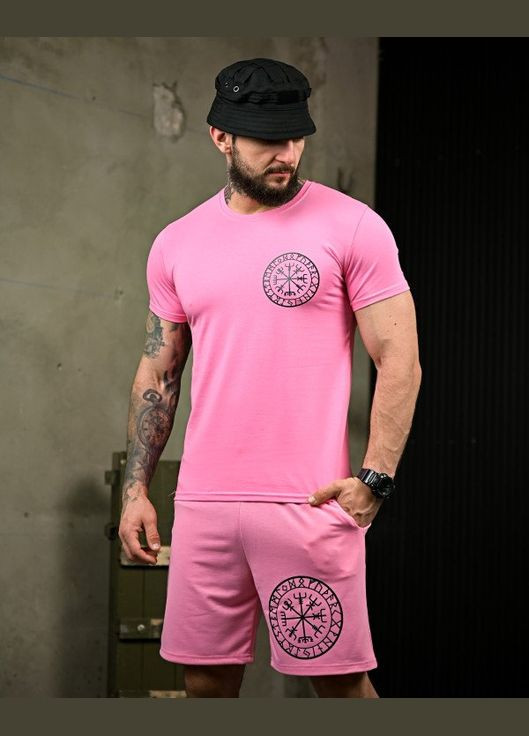 Летний мужской костюм с принтом розовый No Brand