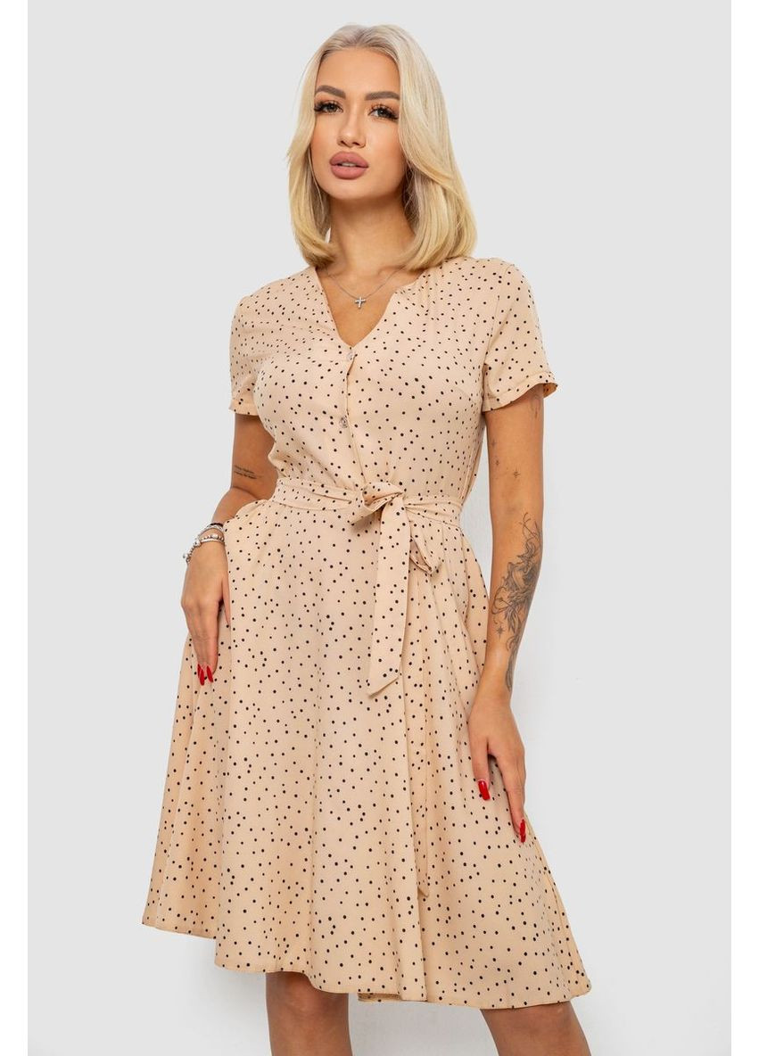 Бежевое платье софт с принтом в горох, 230r0032-3 Ager