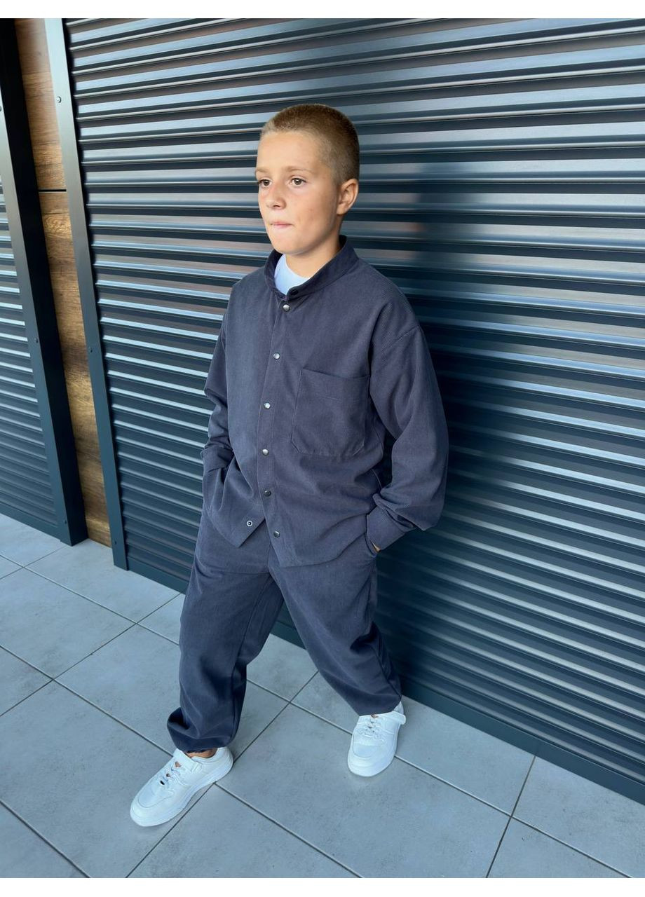 Серый костюм для мальчиков из микровельвета, брюки и рубашка на кнопках. Україна