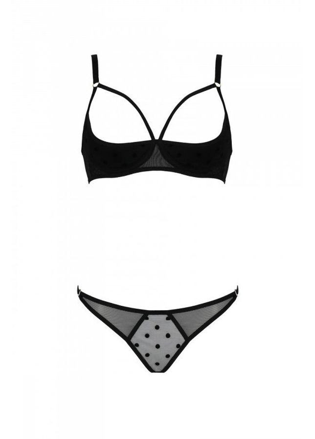 Комбинированный демисезонный эротический комплект marina set with open bra, l/xl, black, открытые чашки Passion