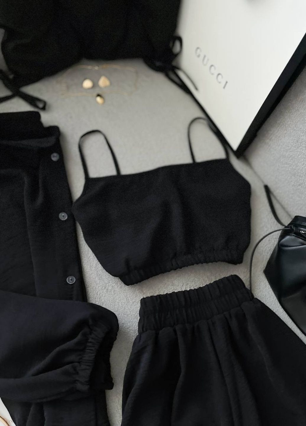 Вишуканий легкий літній повсякденний костюм трійка: сорочка + топ + шорти Allthings (344448123)