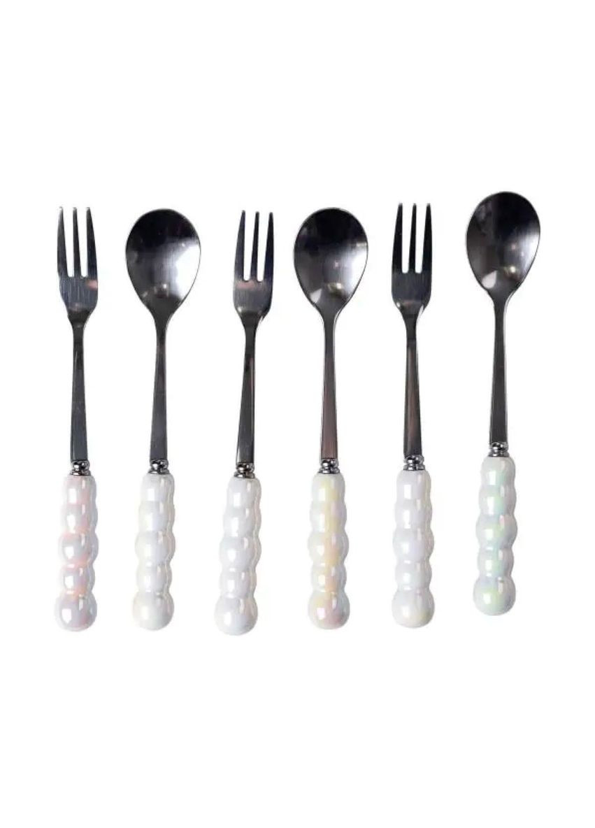 Набір десертних виделок і ложок на 3 персони з підставкою з порцелянау 7 предметів Перламутровий HP-20-62 Yiwu (370969135)