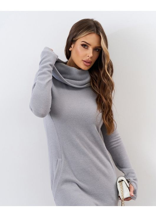 Серое повседневный, кэжуал карандаш с капюшоном-хомутом. платье-водолазка ISSA PLUS однотонное