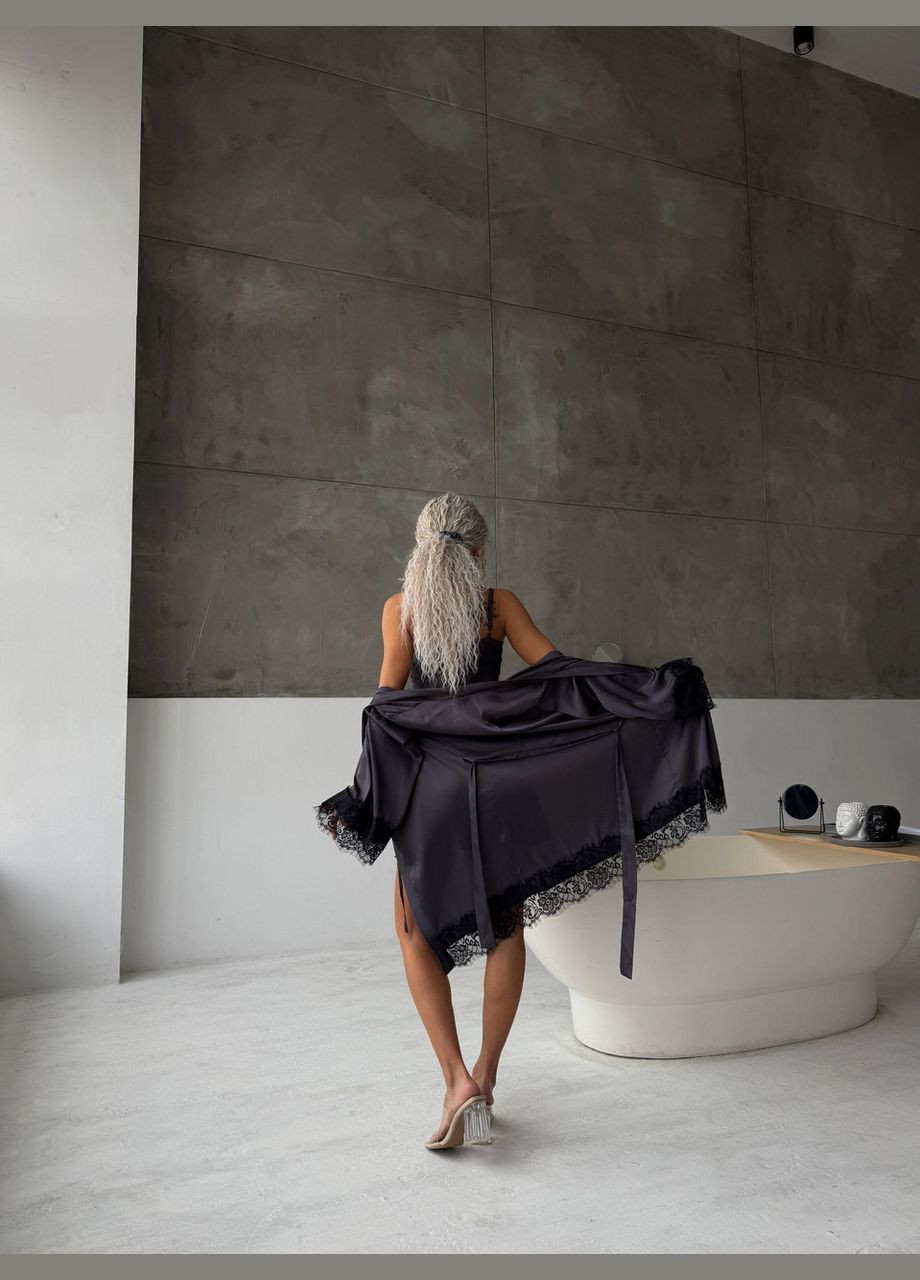 Халат жіночий шовковий з мереживом Графіт Maybel (322444356)