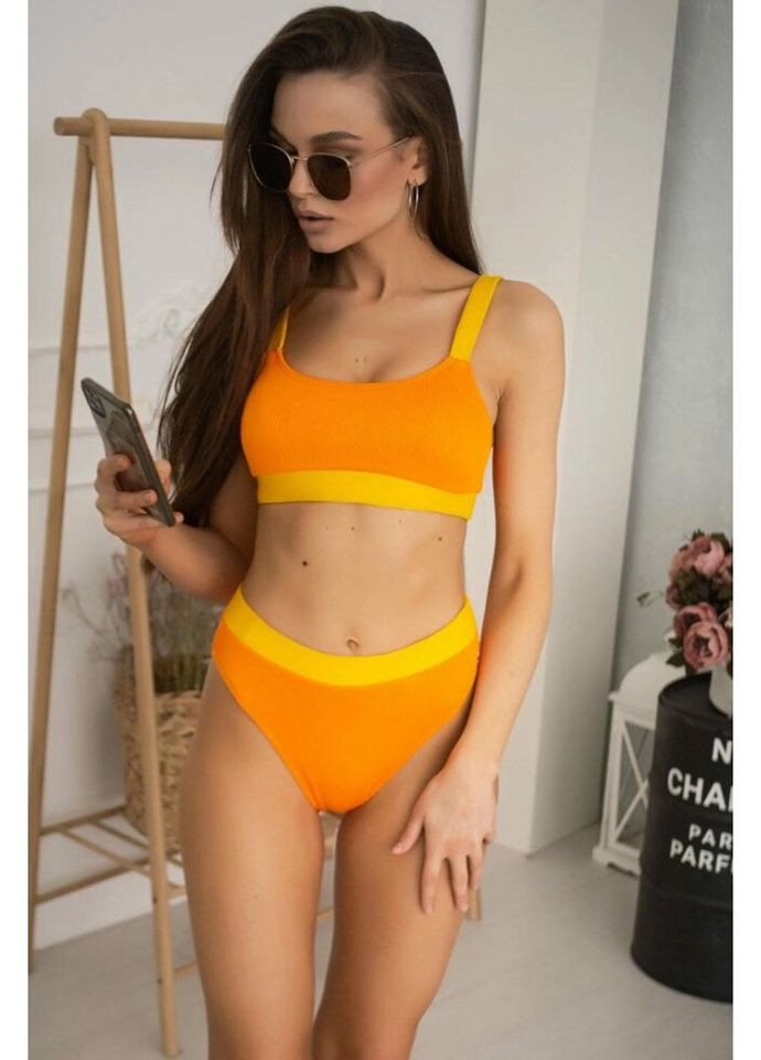 Комбинированный летний купальник женский раздельный с топом в рубчик 5021-orange-l оранжевый Fashion