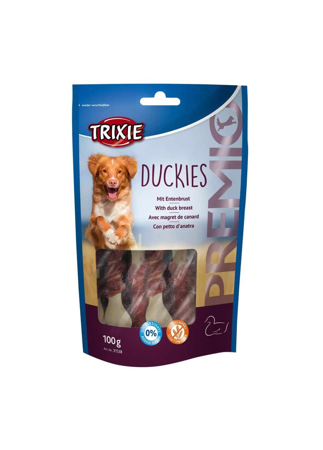 Ласощі для собак 31538 Premio Duckies качка з кальцієм 100 г (4011905315386) Trixie (279561110)