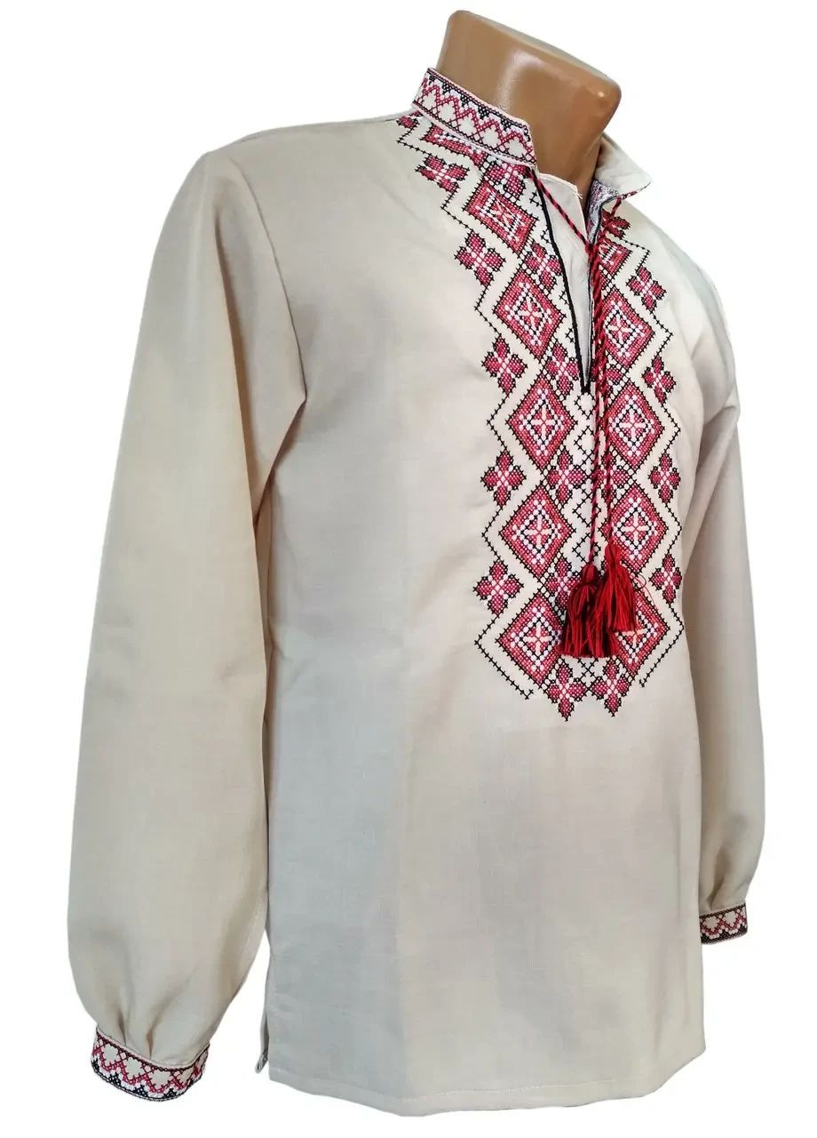 Бежевая льняная рубашка вышиванка для мальчика орнамент family look 92 98 104 110 116 122 128 134 140 (368828202)