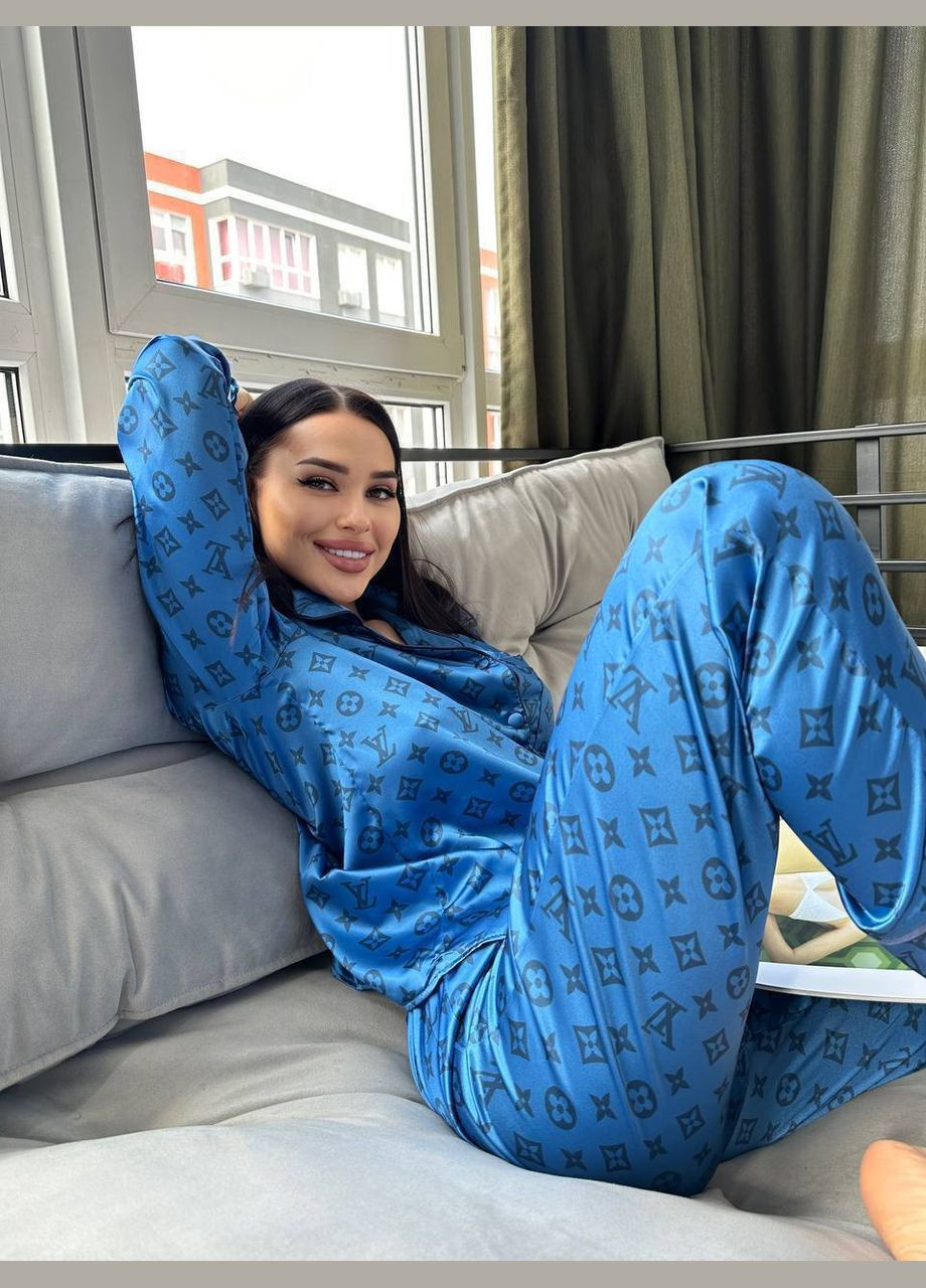 Синяя всесезон женская пижама lv рубашка + брюки Vital-Textile 1042