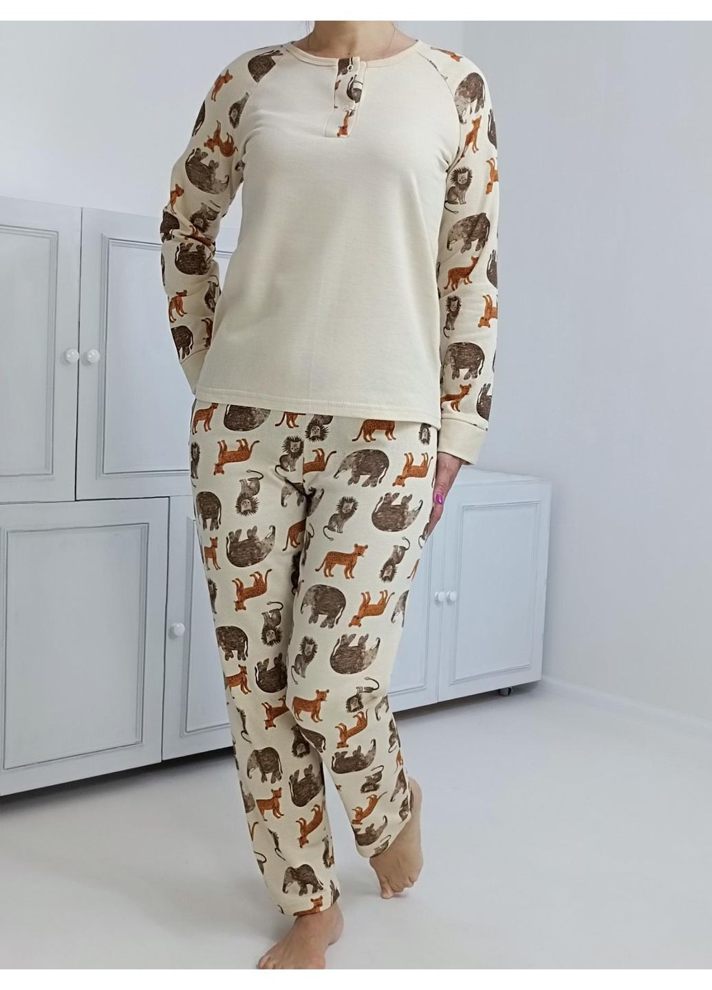 Молочная зимняя пижама женская принт - animals (флис с начесом) 60 молочная (95244383-5) Triko